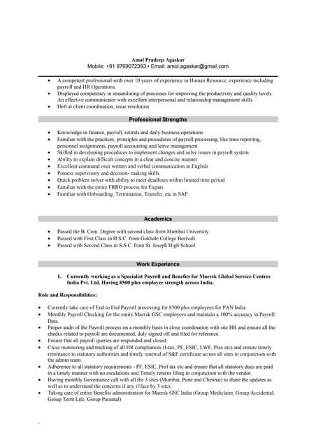 Resume Amol Agaskar Specialist Payroll And Benefits Pdf