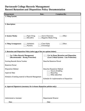 Retention And Disposition Policy Documentation Dartmouth College Form