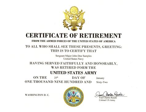 Retirement Certificate Us Army