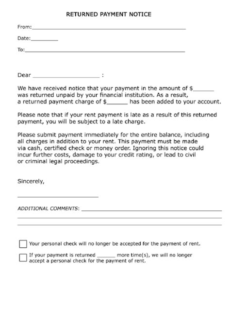 Returned Payment Notice Printable Pdf Download