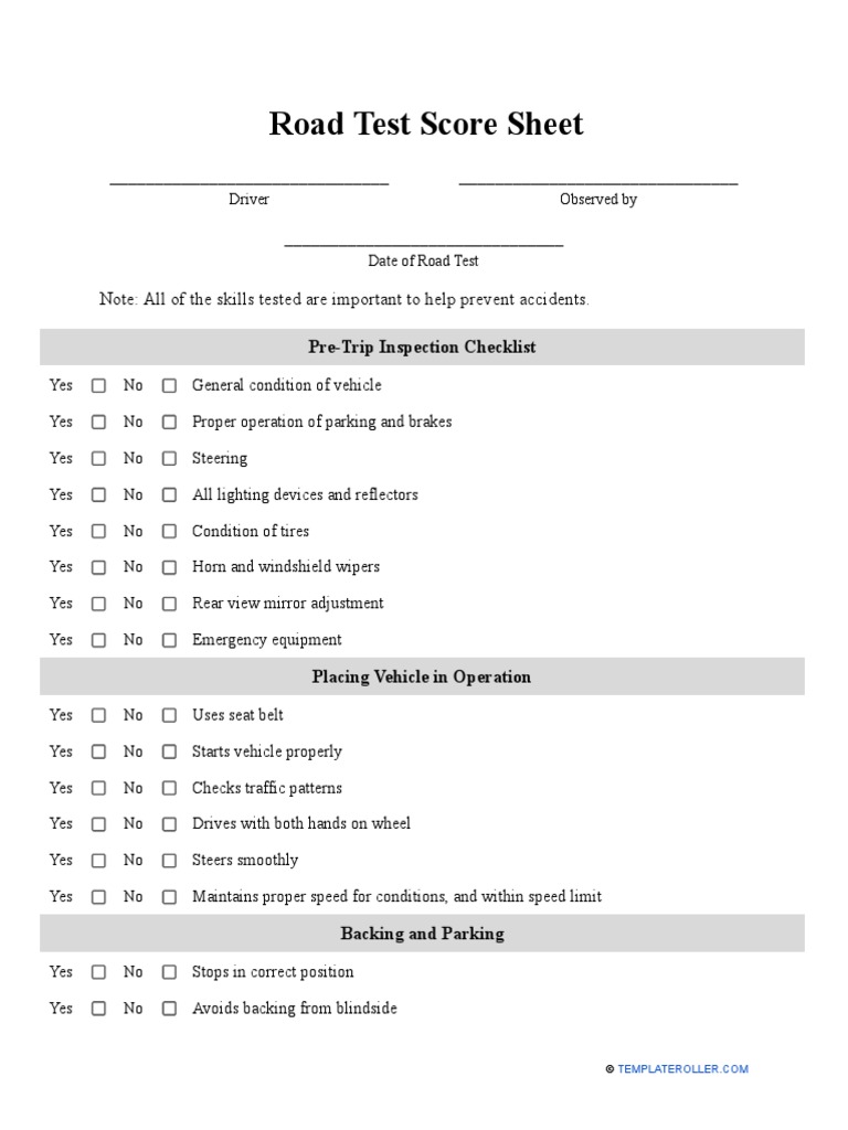 Road Test Score Sheet Template Download Printable Pdf Templateroller