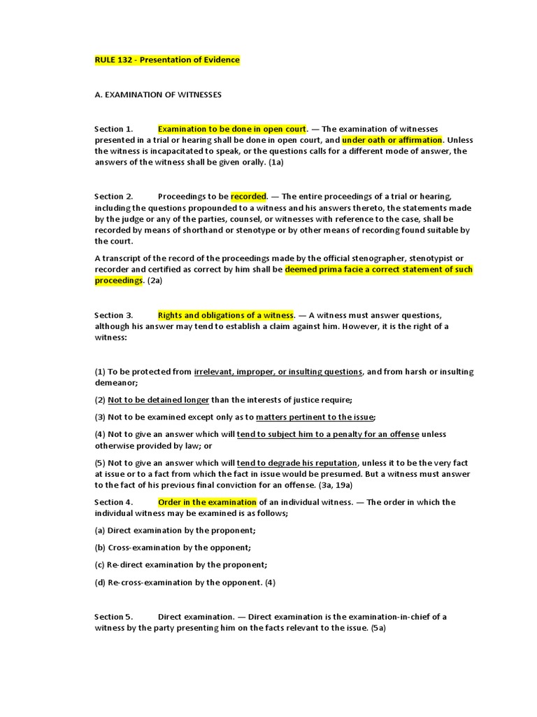 Rule 132 Presentation Of Evidence Examination Of Witnesses