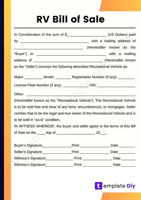 Rv Bill Of Sale Blank Printable Form Template In Pdf Word Bills Rv