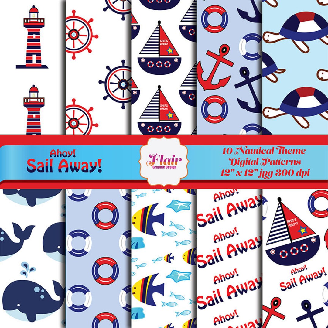 Sail Away Digital Paper Boat Cruise Papers Whales Nautical Etsy