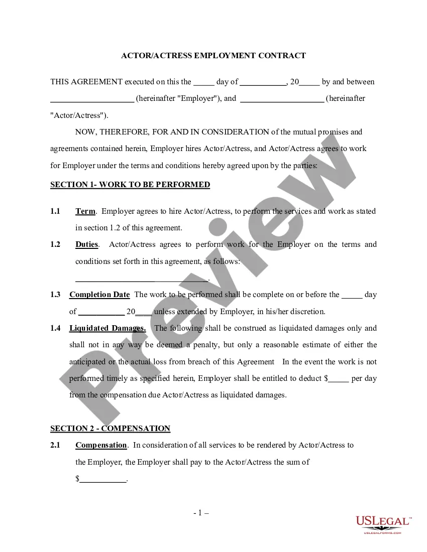 Sample Actor Agreement For Program Us Legal Forms