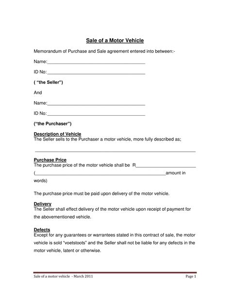 Sample Agreement Of Sale Of Motor Vehicle The Document Template