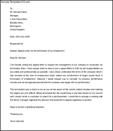 Sample Appeal Letter For Termination Of Employment Collection Letter