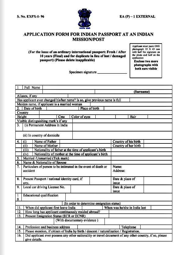 Sample Application Form For Minor Indian Passport Renewal In Usa