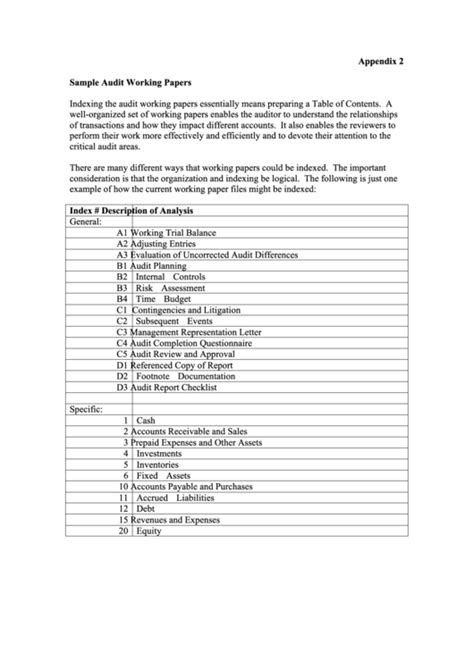 Sample Audit Working Papers Printable Pdf Download