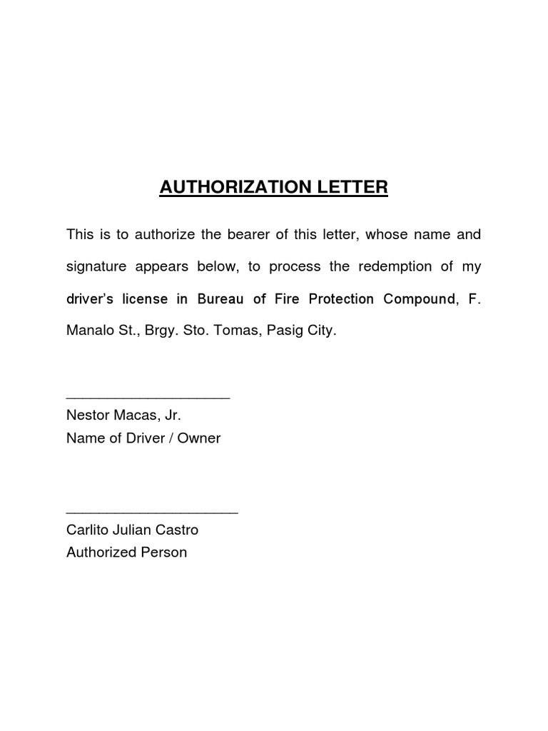 Sample Authorization Letter To Renew Driver S License Printable Online