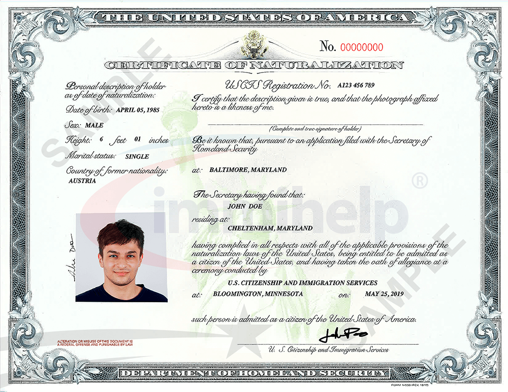 Sample Certificate Of Naturalization Citizenship