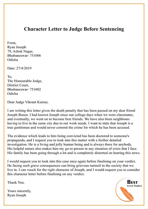 Sample Character Letter To Judge Before Sentencing Template