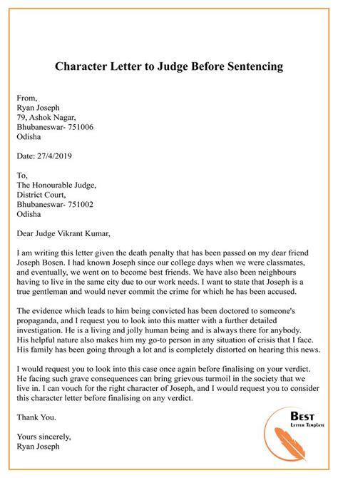 Sample Character Letter To Judge Before Sentencing