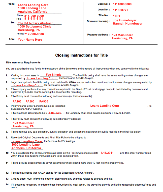 Sample Closing Instructions The Pa Notary