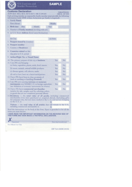 Sample Customs Declaration Form U S Customs And Border Protection