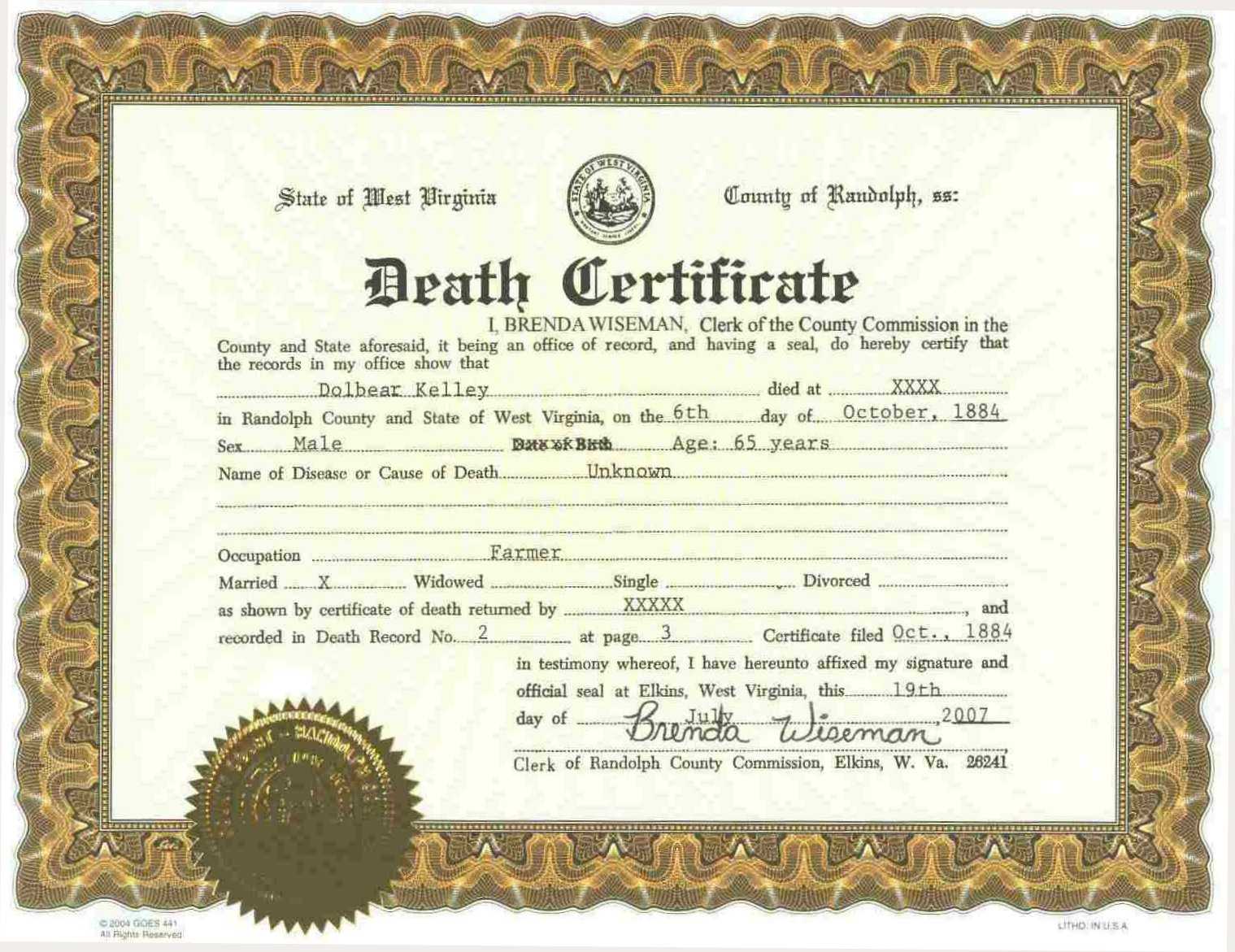 Sample Death Certificate Template