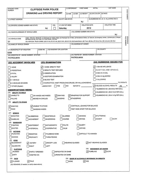 Sample Dui Dwi Drunk Driving Police Observation Checklist