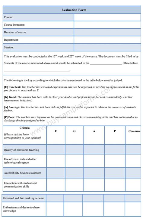 Sample Evaluation Form Evaluation Word Template