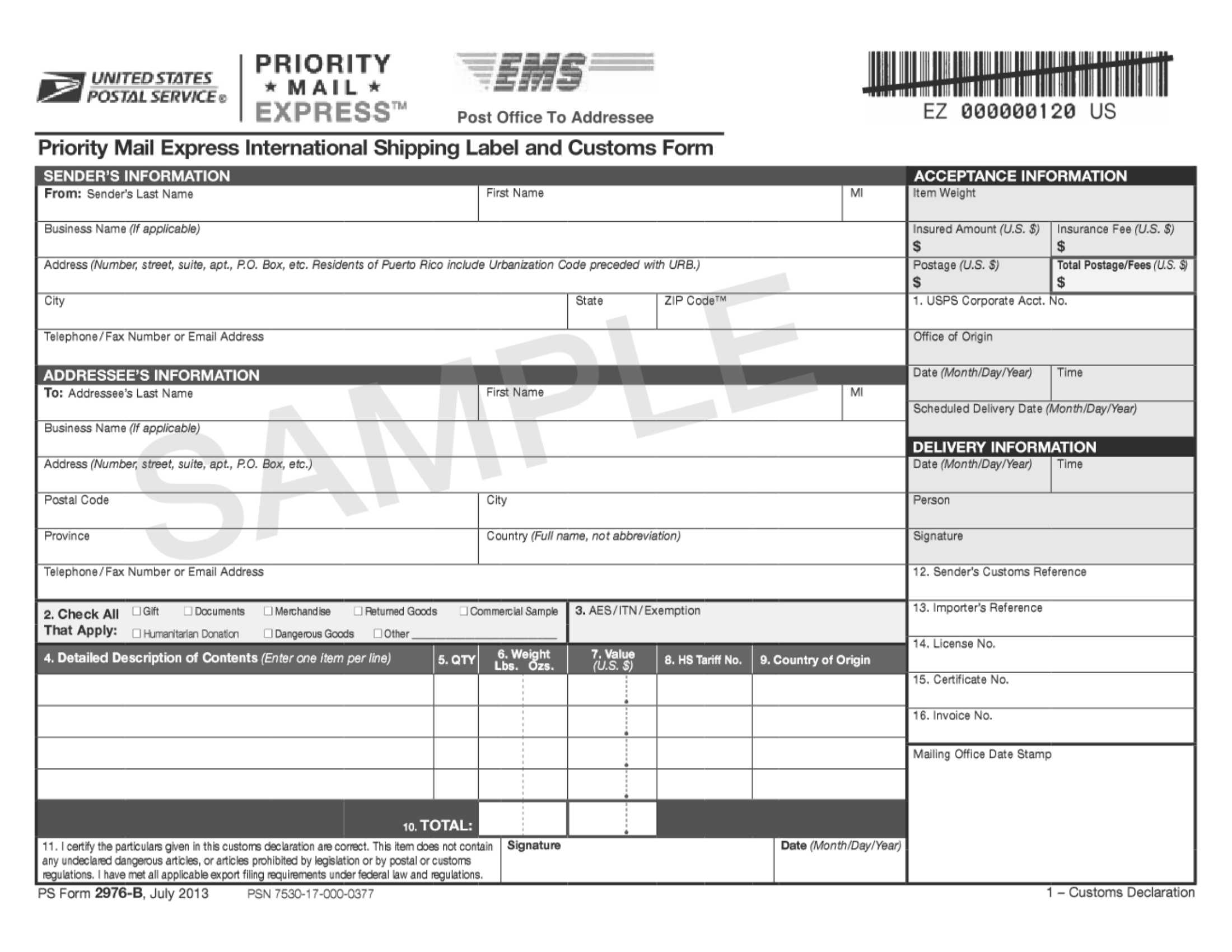 Sample Express Mail International Shipping Label With Customs Form