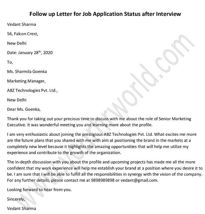 Sample Follow Up Letter For Job Application Status Job Application