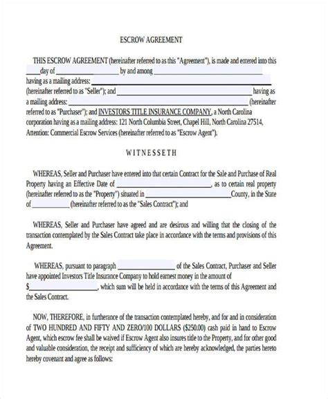 Sample Form For Escrow Agreement Free Download