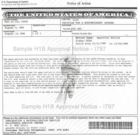 Sample Form I 797 H1b Approval Notice