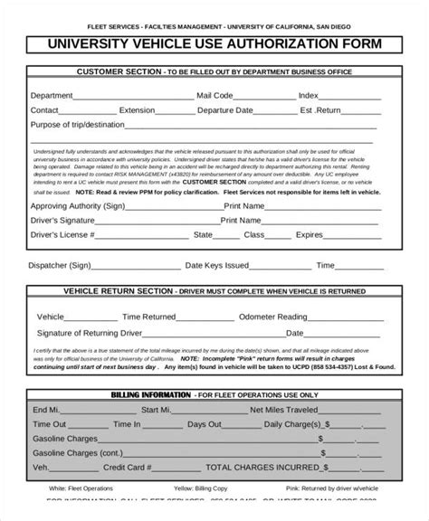 Sample Forms For Authorized Drivers Vehicle Authorization Form