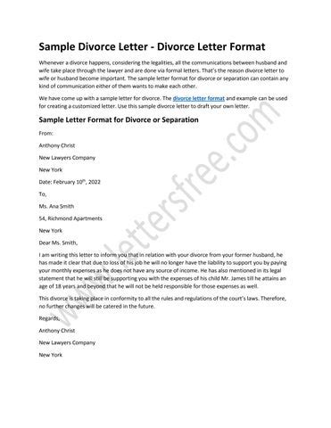 Sample Letter For Divorce Or Separation Divorce Letter Format By