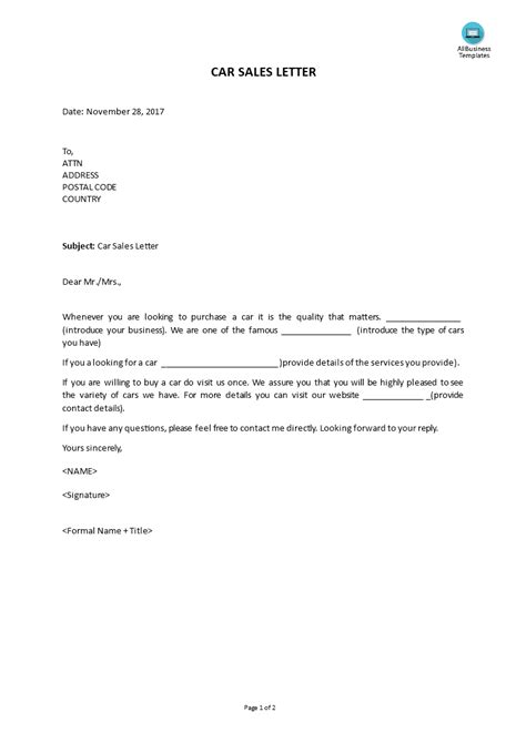 Sample Letter Selling Car Privately