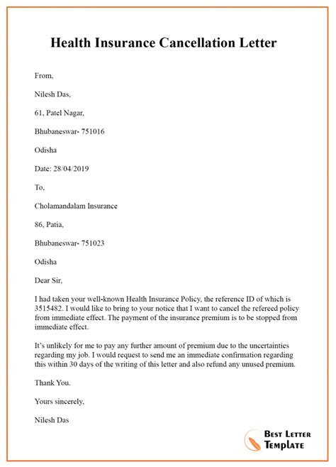 Sample Letter To Cancel Health Insurance Database Letter Template Collection