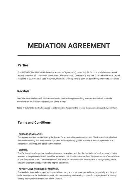 Sample Mediation Agreement Template