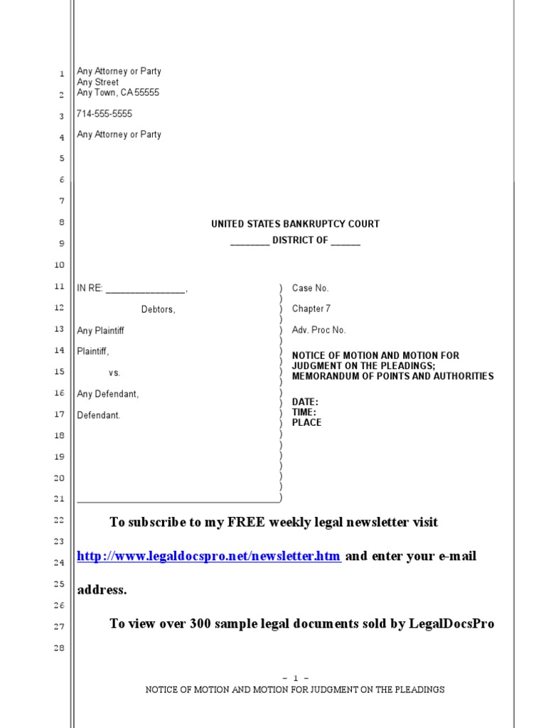 Sample Motion For Judgment On The Pleadings In United States Bankruptcy