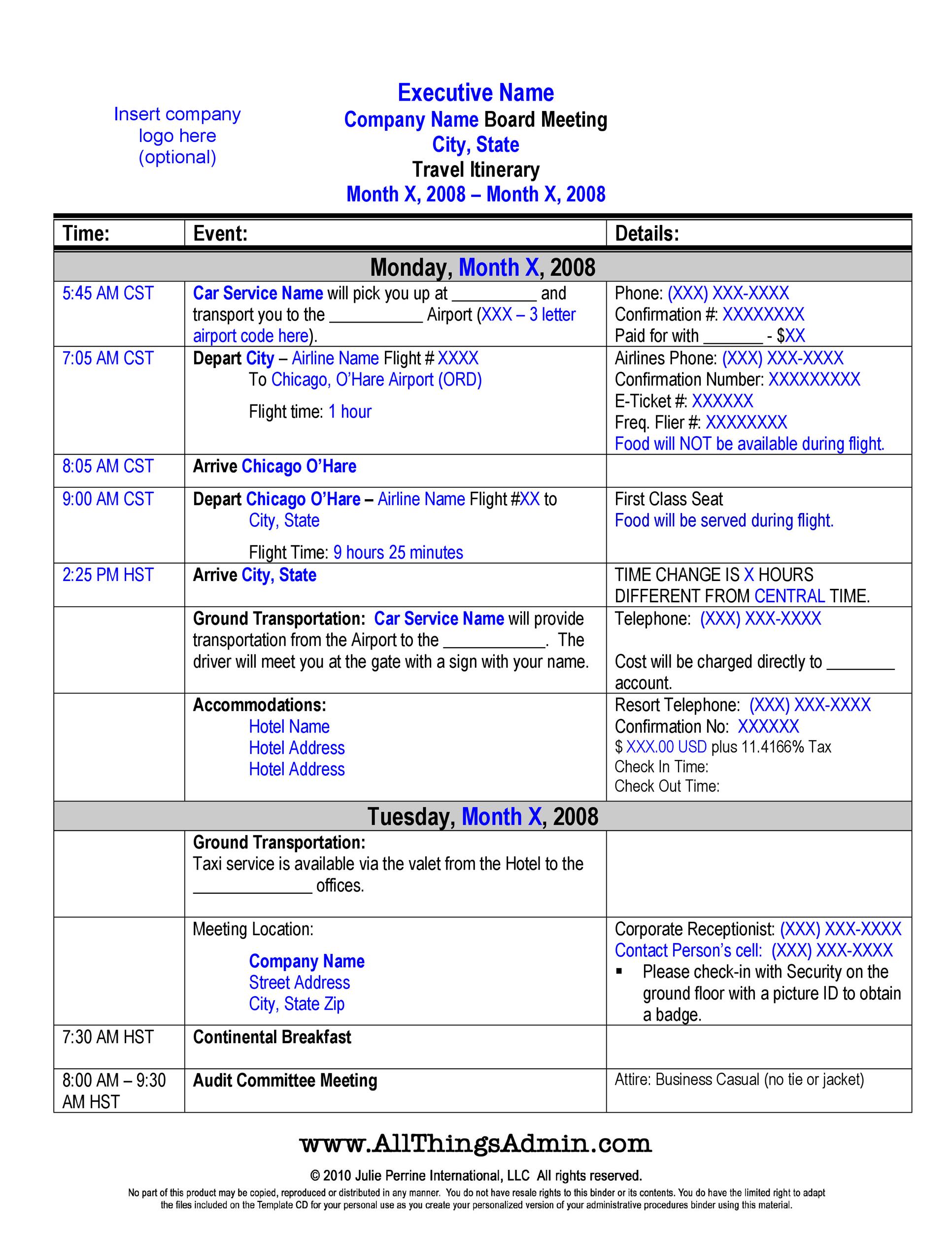 Sample Of Itinerary Plan