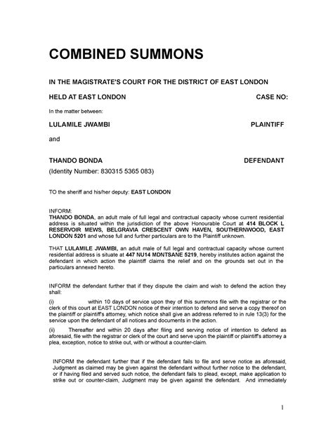 Sample Particulars Of Claim And Summons Combined Summons In The