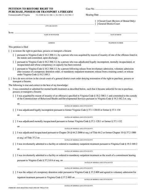 Sample Petition To Restore Gun Rights Virginia 2020 2024 Form Fill