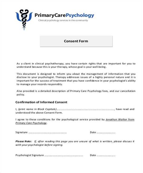 Sample Psychology Consent Form 7 Free Documents Download In Pdf Word