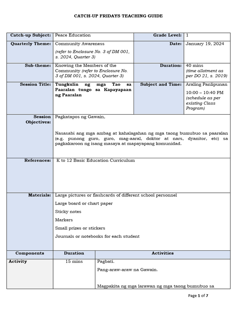 Sample Teaching Guide For Catch Up Fridays Pdf