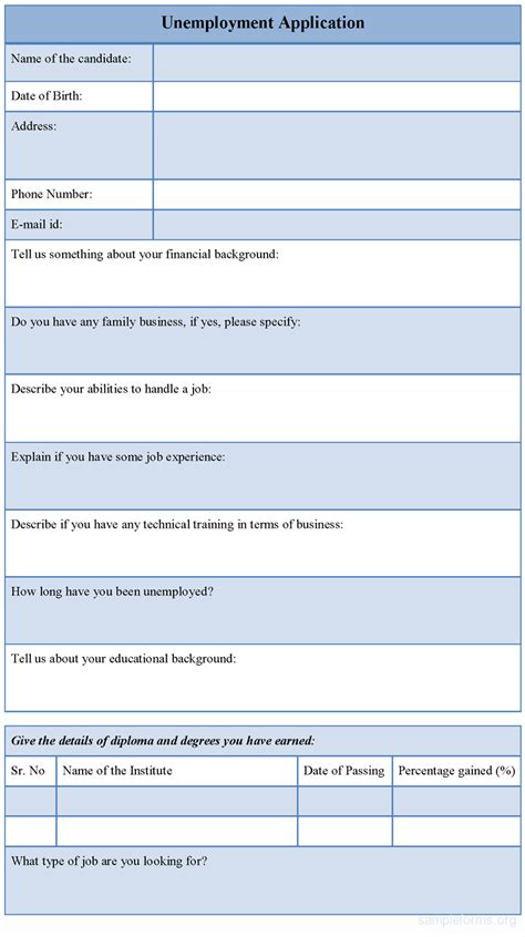 Sample Unemployment Application Form Sample Forms