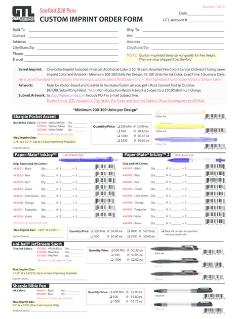 Sanford B2b Pens Custom Imprint Order Form 2015 Fill And Sign