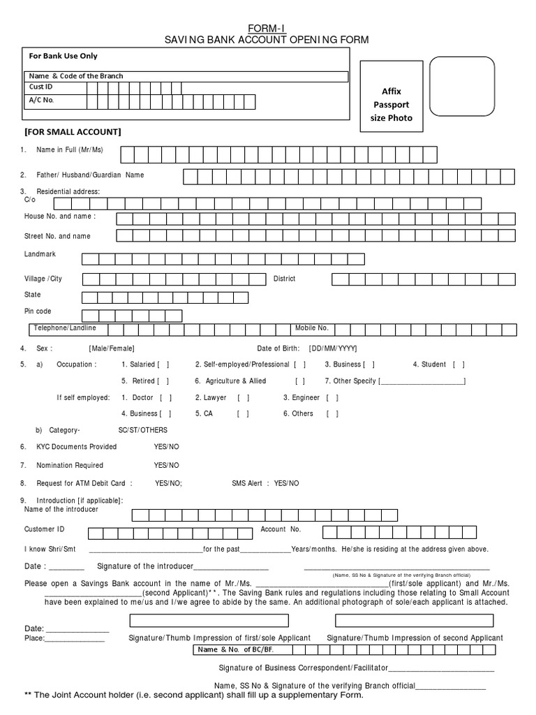 Saving Bank Account Opening Form Identity Document Banks