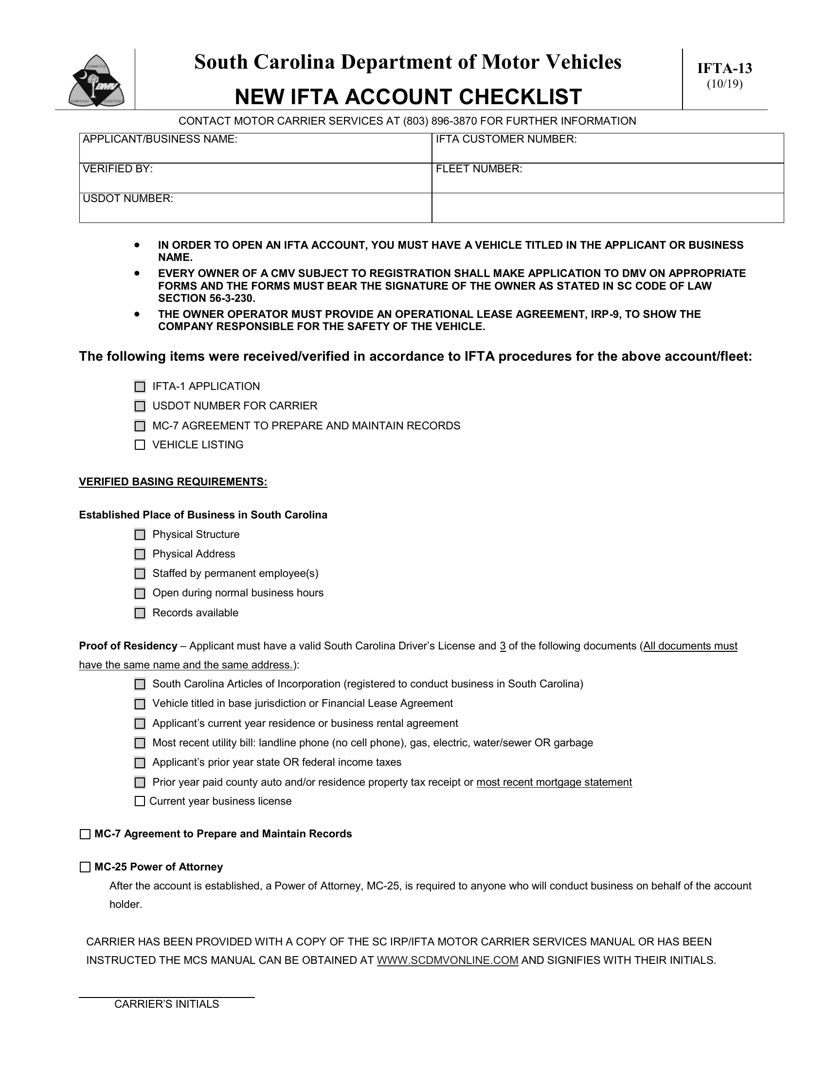 Scdmv Form Ifta 13 New Ifta Account Checklist Forms Docs 2023