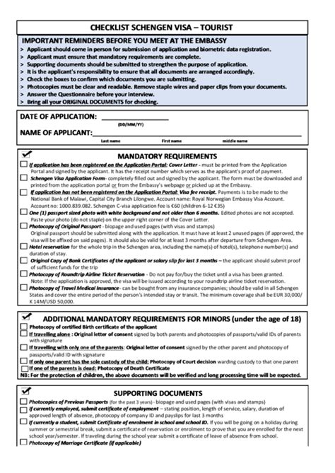 Schengen Visa Checklist Tourist Printable Pdf Download