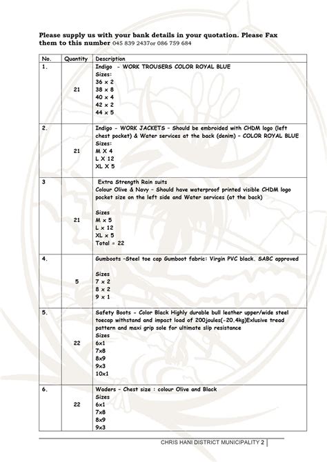 Scm Rfq Protective Clothing Sample Request Chris Hani District Municipality