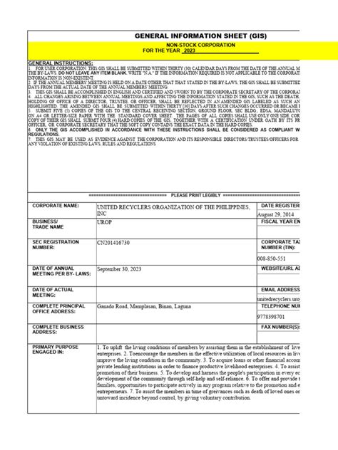 Sec General Information Sheet Non Stock Corporations Pdf Geographic