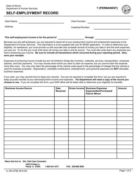 Self Employment Form Sal Child Care Connection