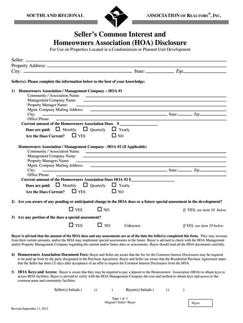 Sellers Common Interest And Hoa Disclosure Form Fill Out And Sign