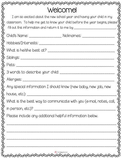 Send This Home With The Kids On The First Day Or Ask Parents To Fill