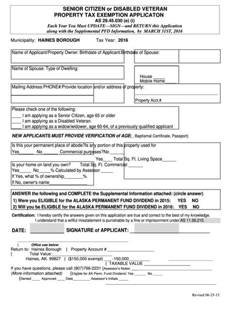 Senior Citizen Or Disabled Veteran Property Tax Exemption Applicaton 2016 Printable Pdf Download