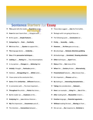 Sentence Starters For Essay Writing By Missprodigy Teaching Resources