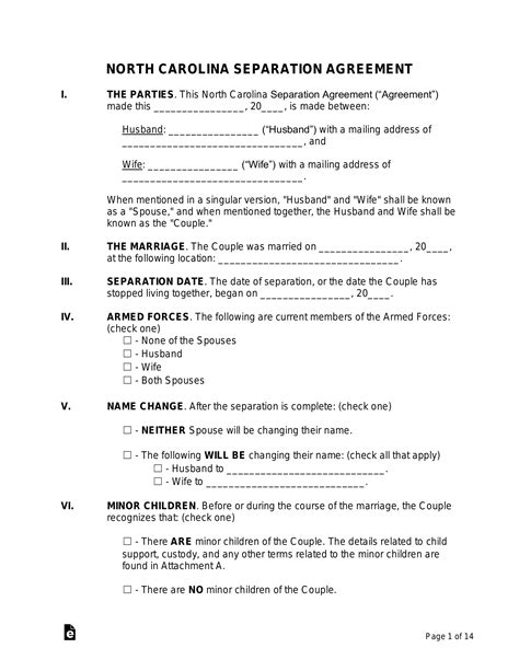 Separation Agreement Template Nc Forms Fillable Printable Samples